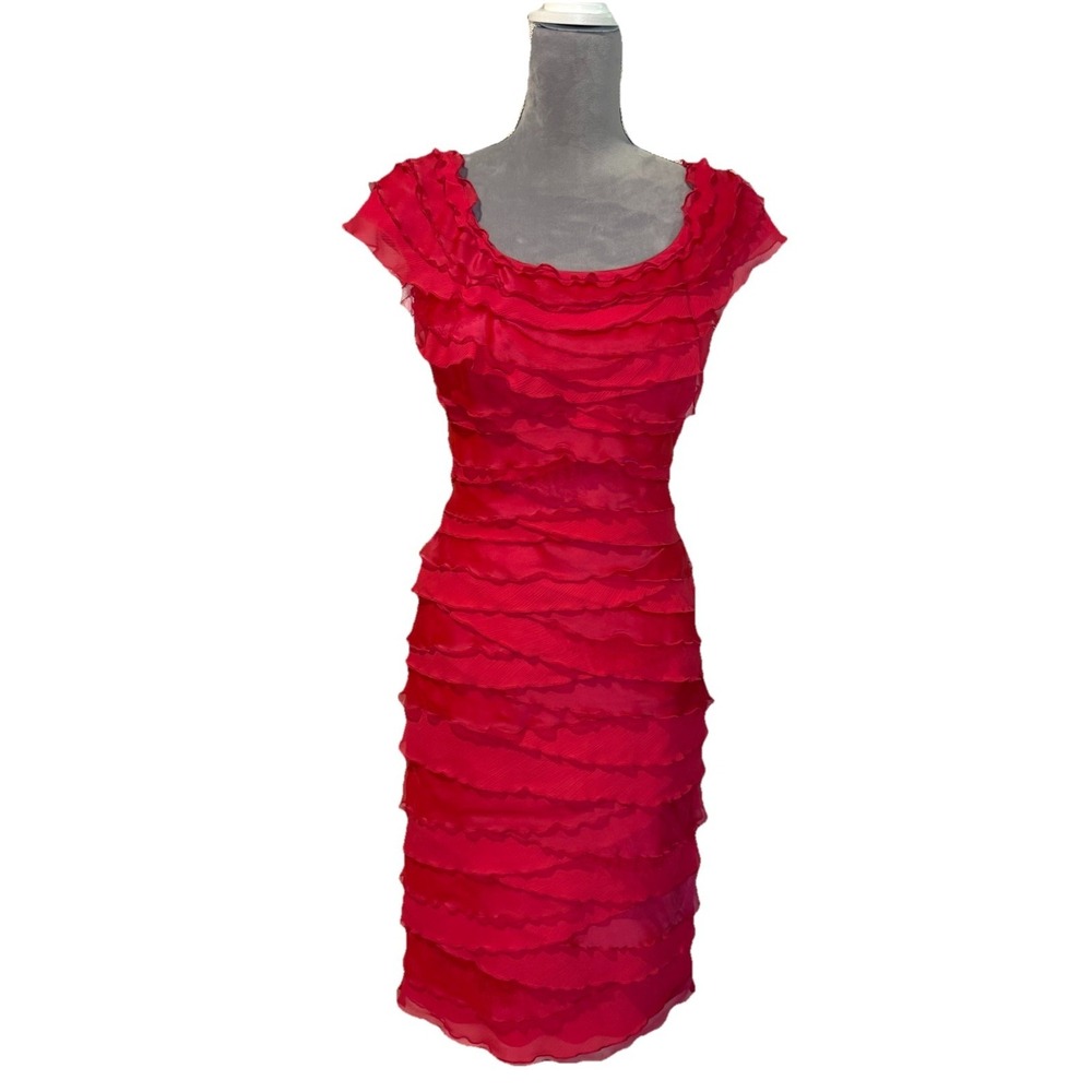 NWT Tadashi Shoji Tiered Ruffled Raspberry Pink Cocktail Tulle Accent Dress Sz 4